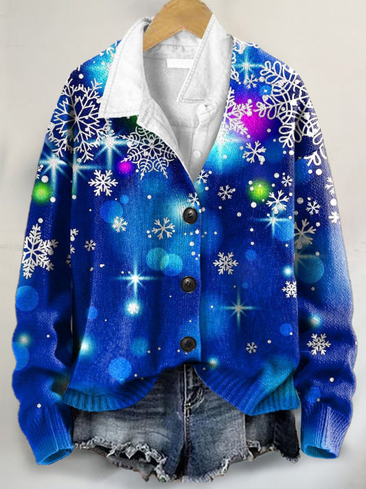 Christmas Snowflake Art Print Buttoned V-neck Cardigan Sweater