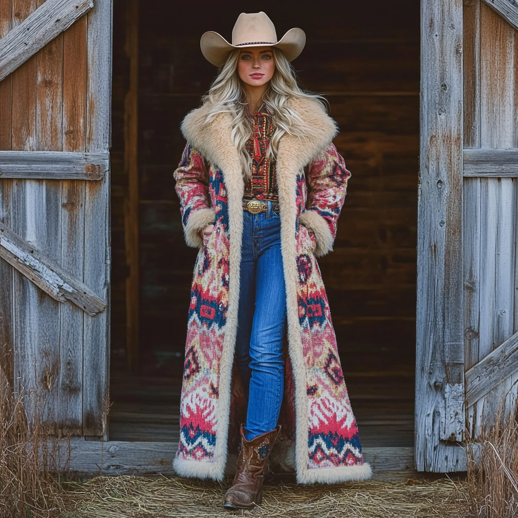 Western Retro Style Women's Aztec Print Coat Plush Autumn And Winter Warm Coat