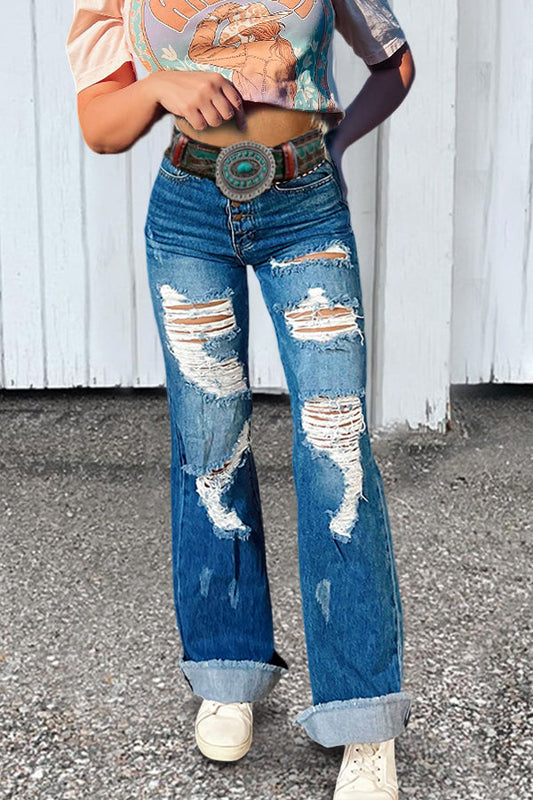 Vintage Wash Distressed Wide-Leg Jeans