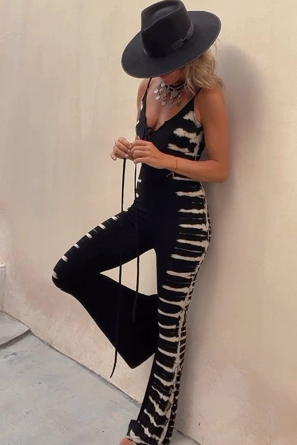 Cella Tie-dye Print Front Lace-up Stretch Flare Jumpsuit