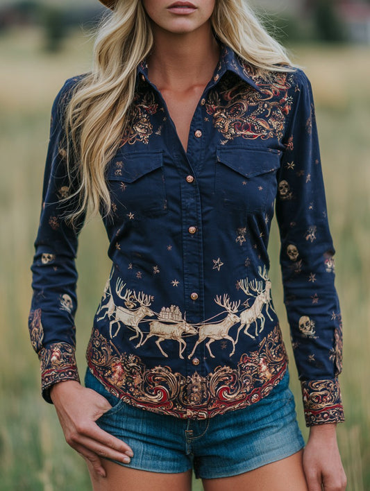 Women's Vintage Christmas Elk Evergreen Floral Western Double Pocket Shirt