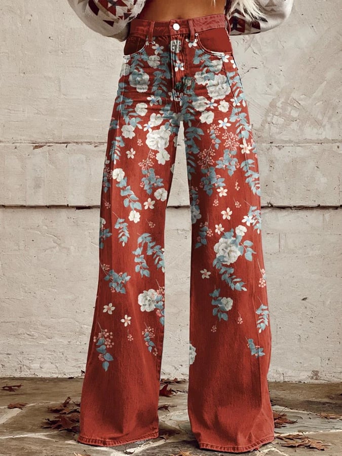 Women's Vintage Botanical Floral Wide Leg Pants