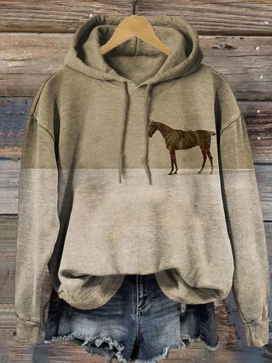 Vintage Horse Art Print Casual Cotton Sweatshirt