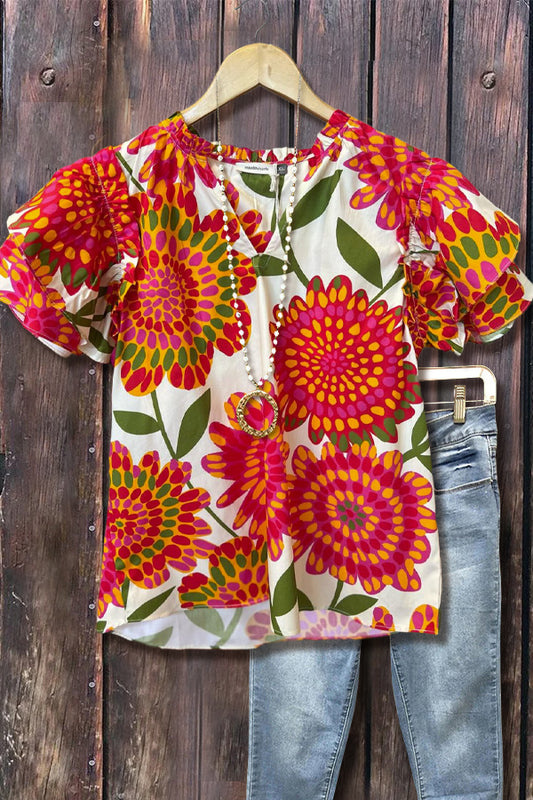 Multi Print V-Neck Ruffle Sleeve Top