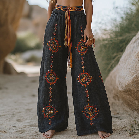 Bohemian Casual Holiday Style Linen Long Loose Wide-leg Pants