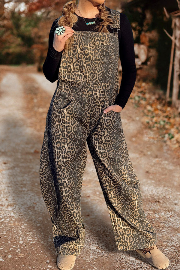 Vintage Leopard Print Wide-Leg Overalls