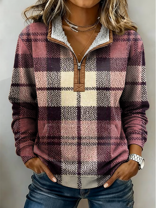 Women's Vintage Plaid Patterns Print Casual Color-blocked Casual Half-zip Cotton Sweatshirt