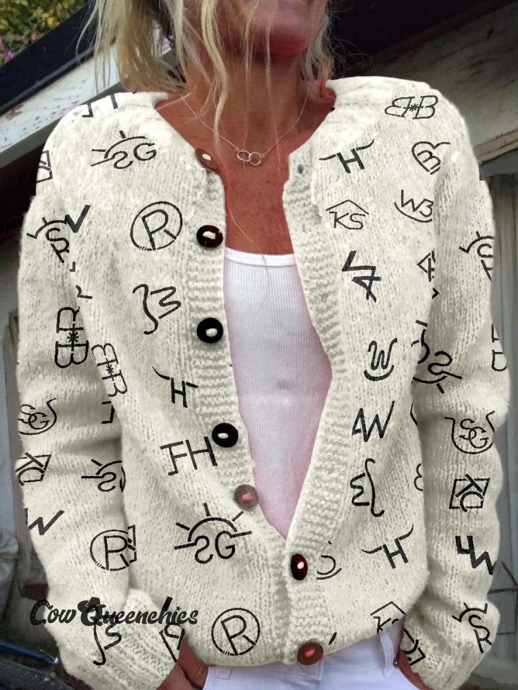 Retro Leather Embossing Pattern Print Buttoned Cardigan Sweater