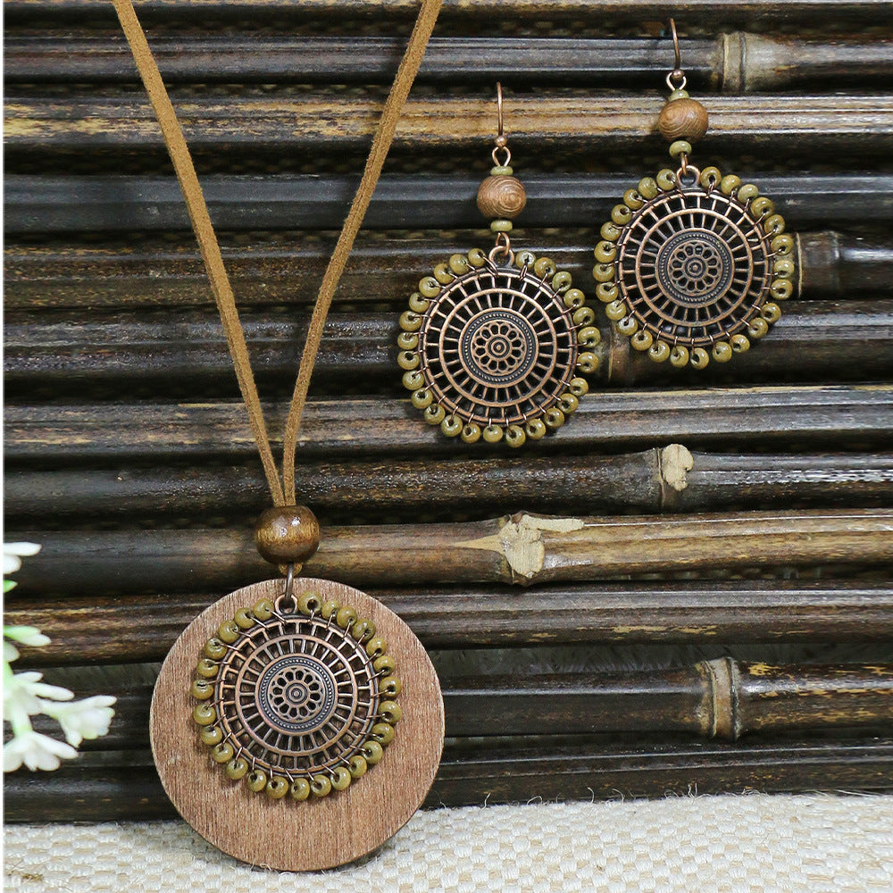 Retro Wooden Necklace Earring Set