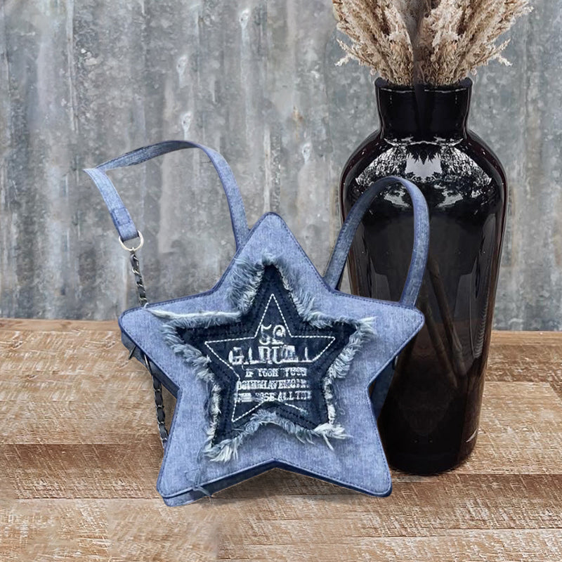 Chic Tassel Denim Blue Five-pointed Star Crossbody Bag