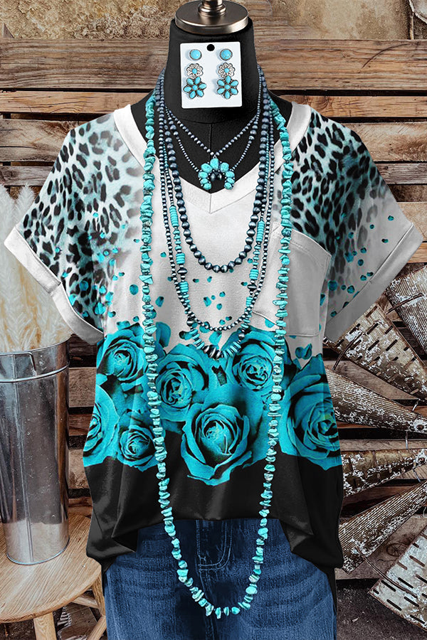 Casual Floral Leopard Pattern Pocket T-shirt