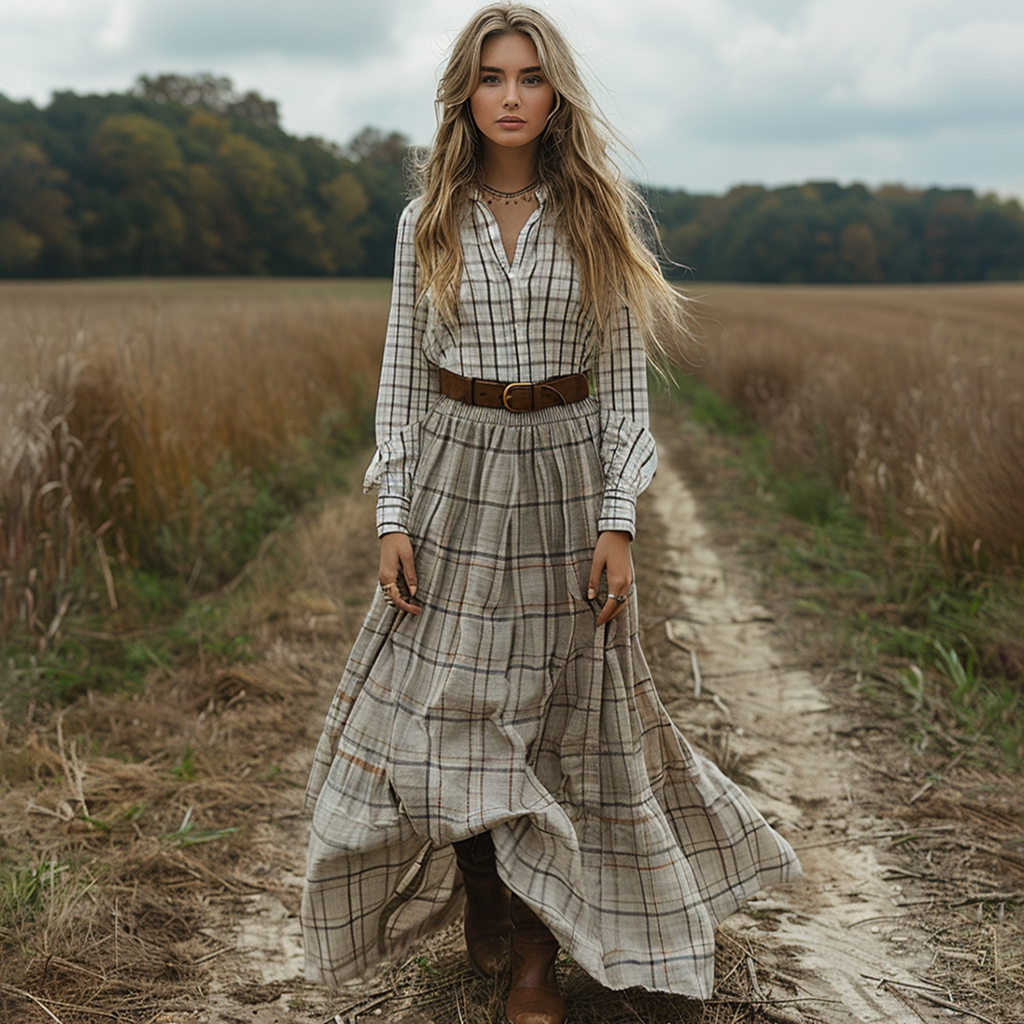 Retro V-neck Plaid Women's Long-sleeved Long Skirt Country Pastoral Retro Dress