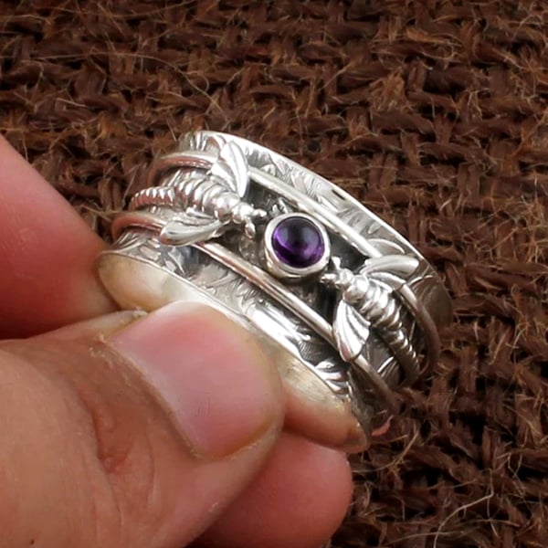 Sterling Silver Bee Purple Gemstone Meditation Ring