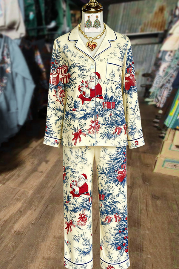 Vintage Christmas Santa Print Pajama Set