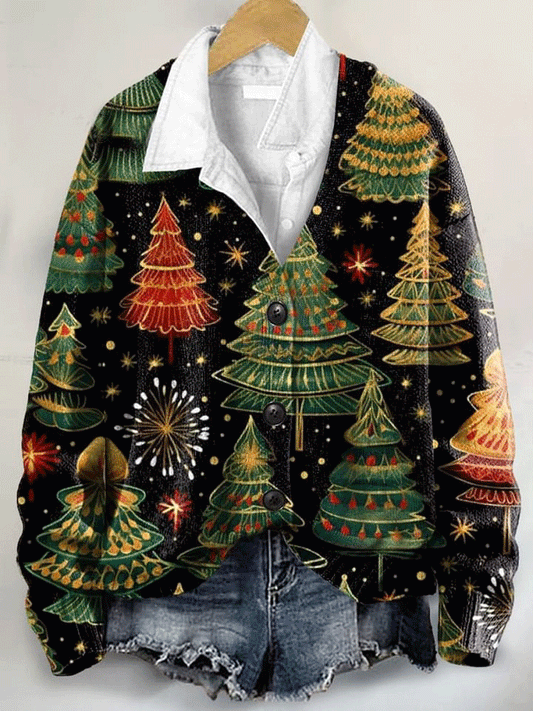 Christmas Tree Art Print Buttoned V-neck Cardigan Sweater