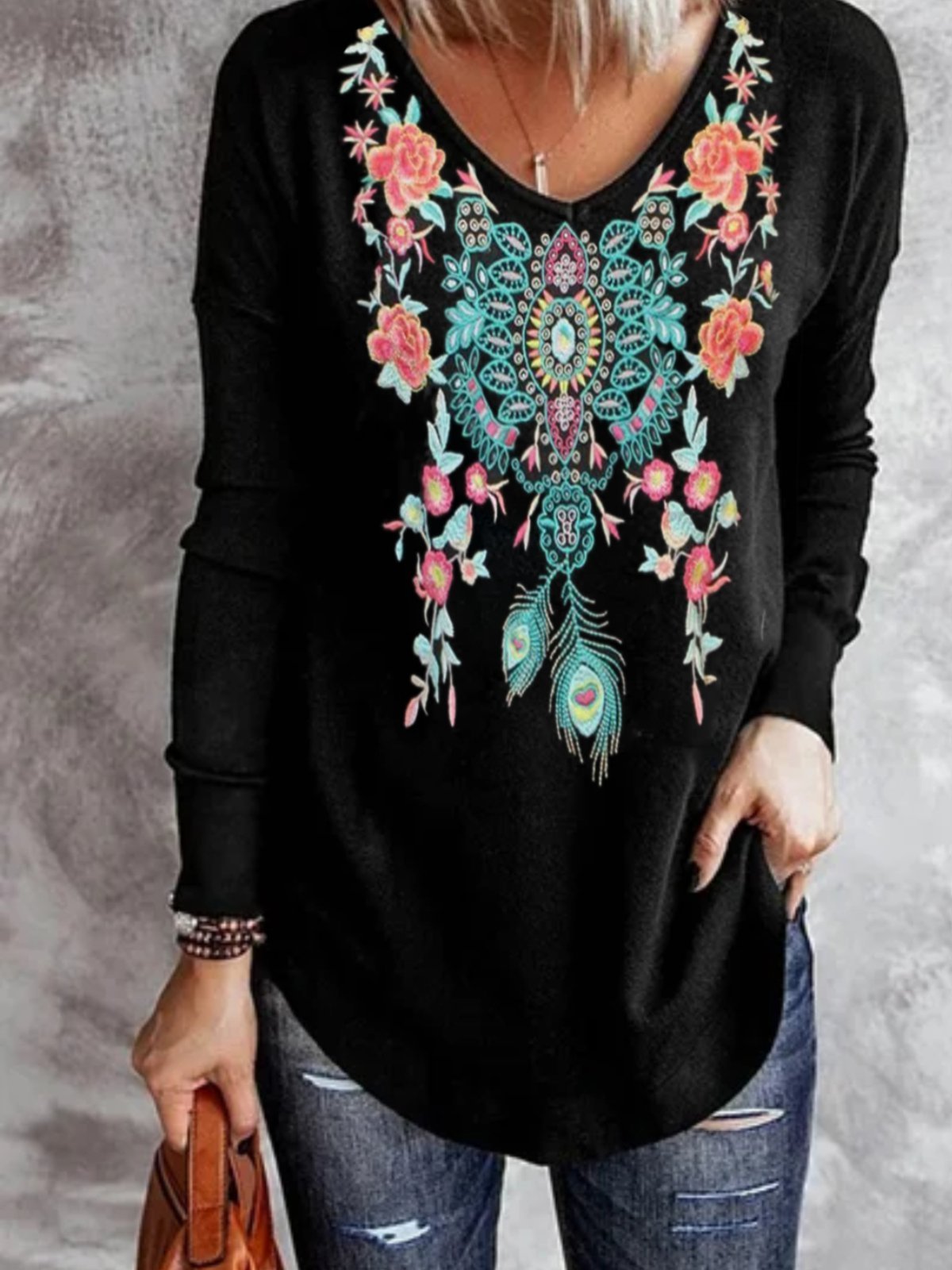 Casual Long Sleeve V Neck Plus Size Printed Tops T-shirts