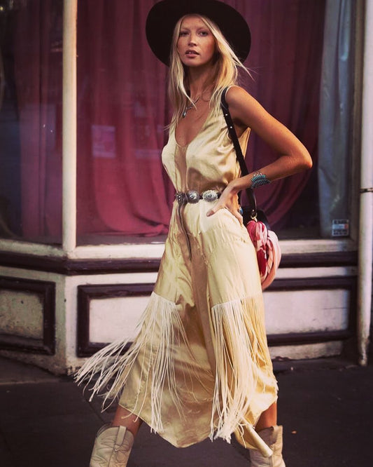 Bohemian Style U-Neck Low-Cut Sleeveless Chiffon Tassel Dress