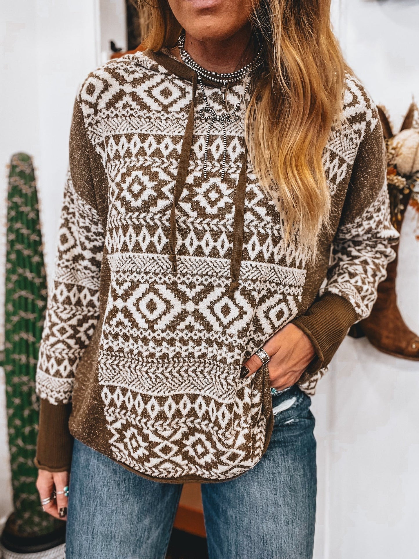 Western style ethnic print sweater