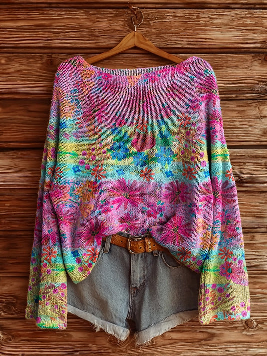 Women's Colorful Boho Floral Collage Art Pattern Print Casual Pullover Sweater