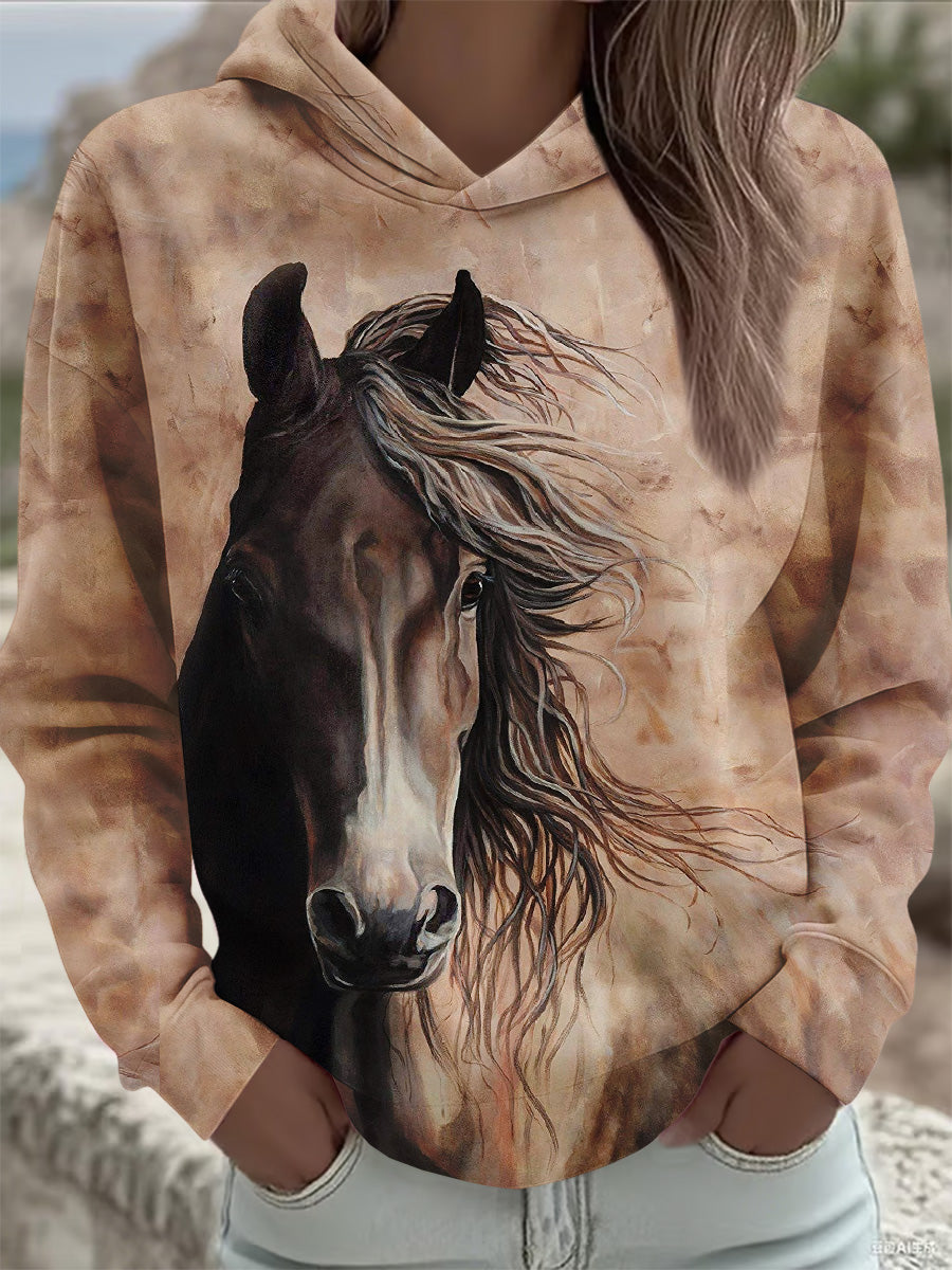 Vintage Horse Art Print Casual Hoodie