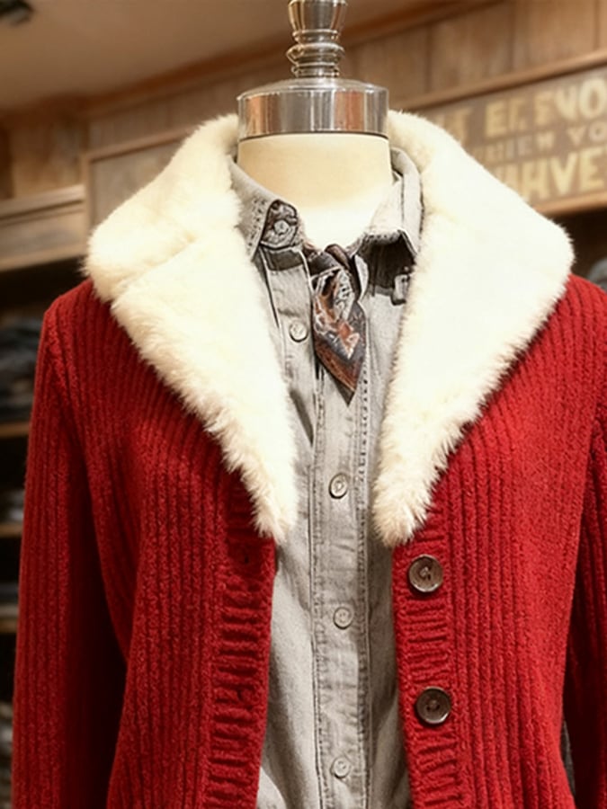 Women'S Christmas Contrast Fur Collar Knitted Cardigan