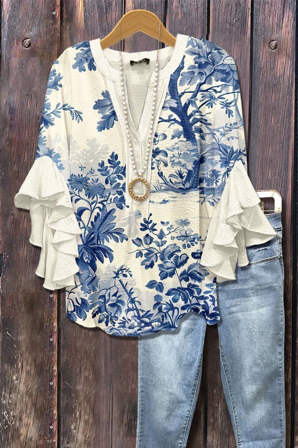 Vintage Botanical Print Ruffle Sleeve Top