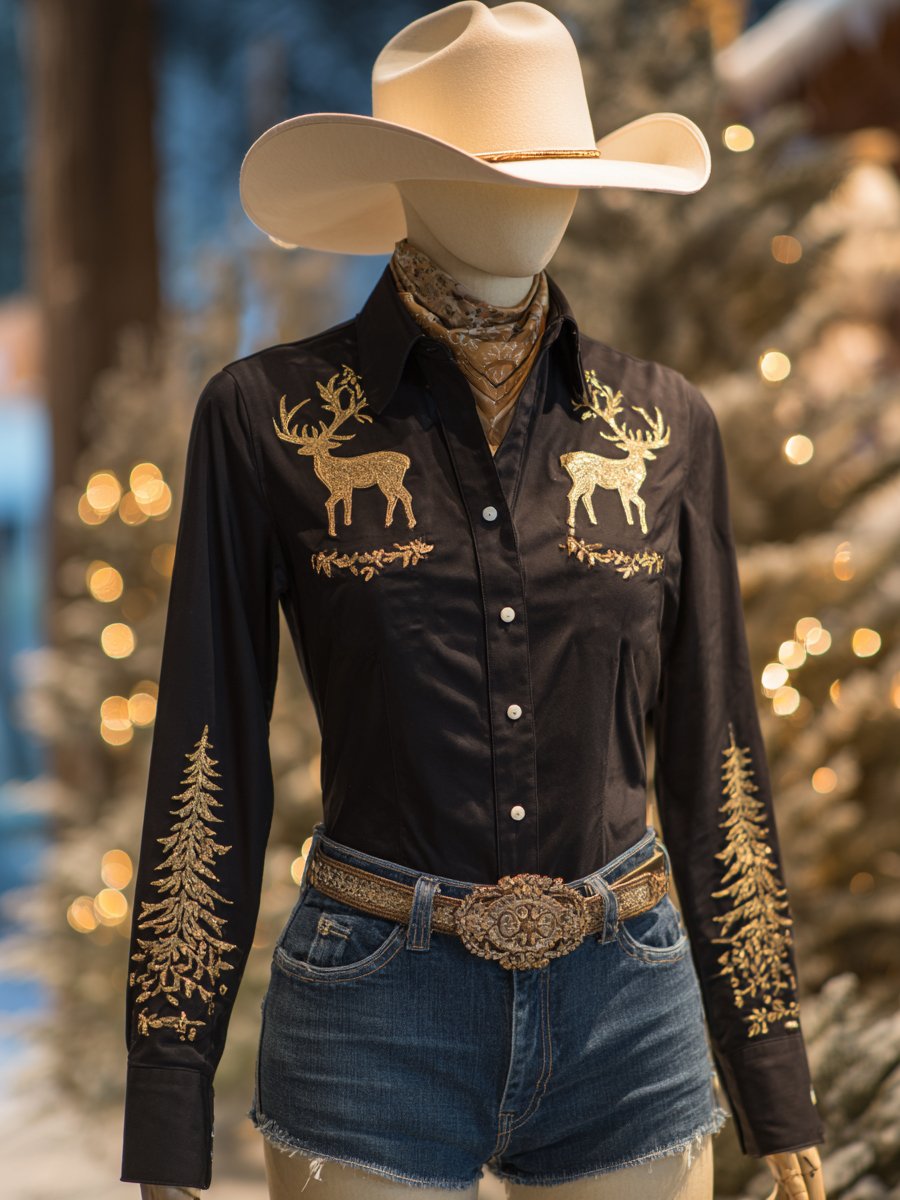 Women's Christmas Elk Print Western Long Sleeve Shirt