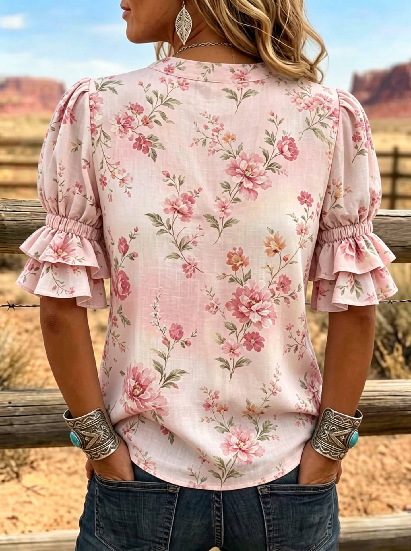 Women's Floral Print Puff Sleeve Casual Shirt