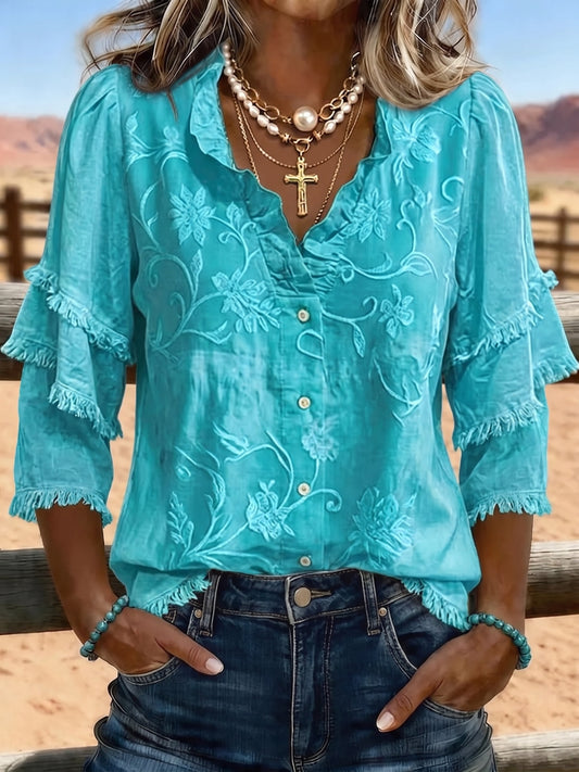 Women's Vintage Feminine Flower Jacquard Ruffle Neck Frayed Hem Cotton Top