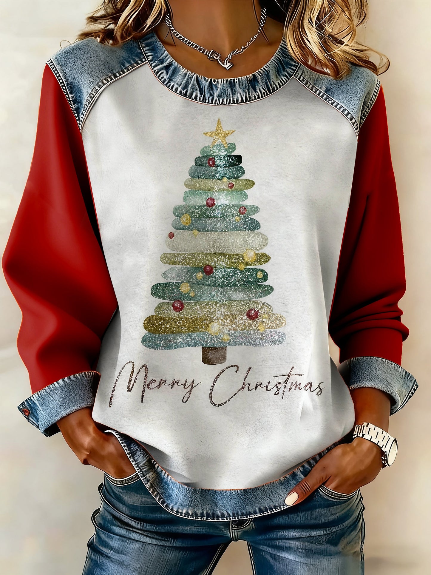 Women's Autumn Retro Christmas Tree Print Casual Sweatshirt