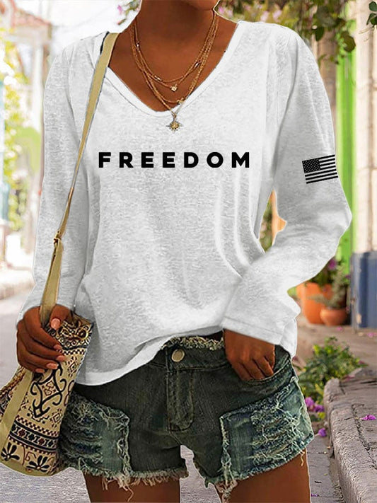 Women's Freedom American Flag Print V-Neck Long Sleeve T-Shirt