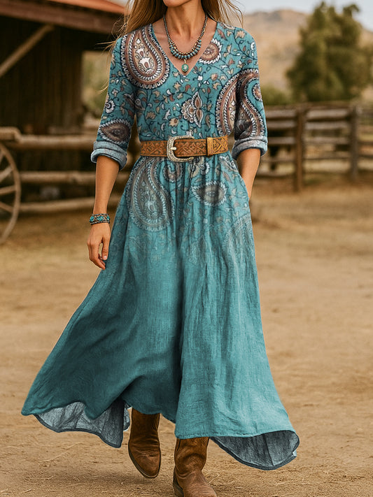 Women's Vintage Paisley Print Long Sleeves Cotton Dress