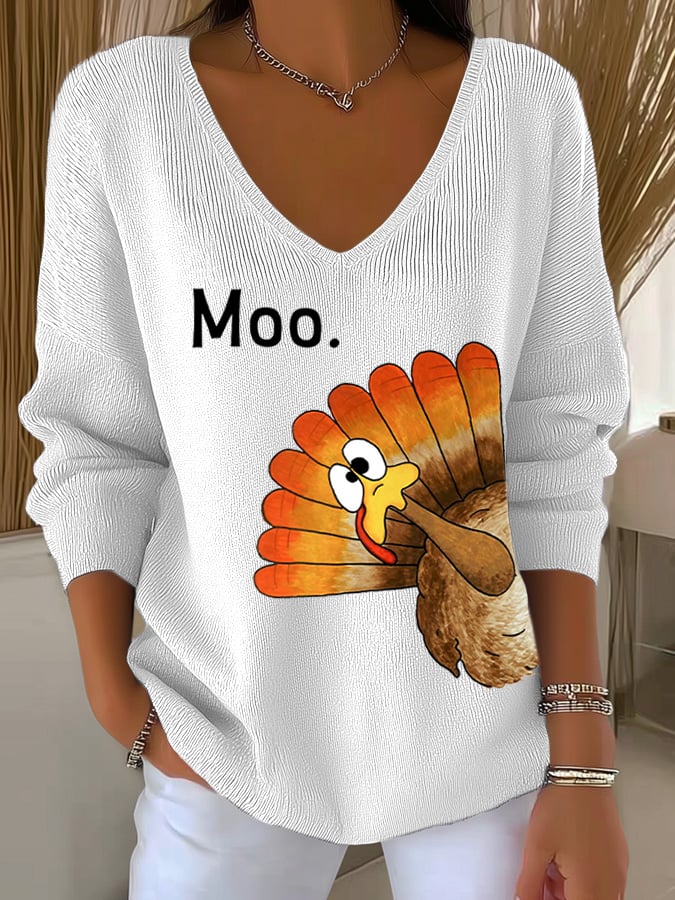Women's Thanksgiving Turkey Moo Print Knit Top