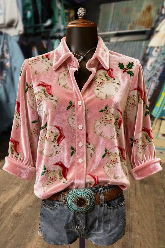 Cute Christmas Santa Print Velvet Top