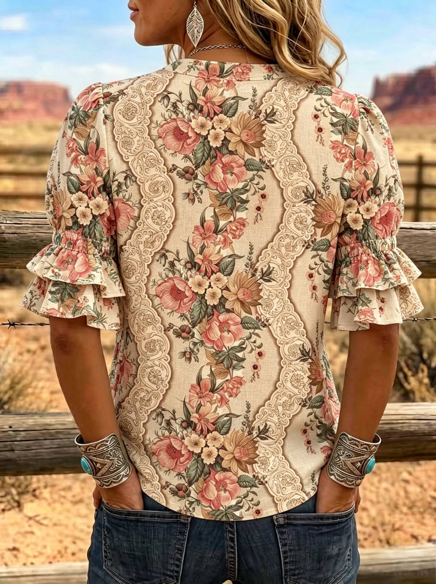Women's Floral Print Puff Sleeve Casual Shirt