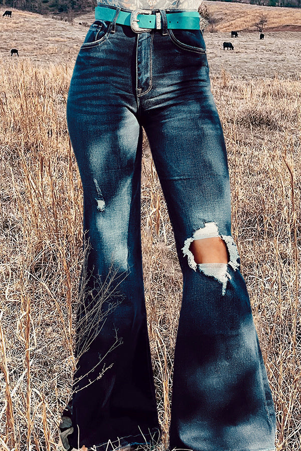 Vintage Distressed Washed Flared Jeans