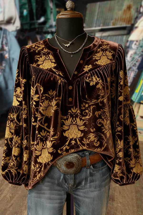 Vintage Floral Print Long Sleeve Velvet Top