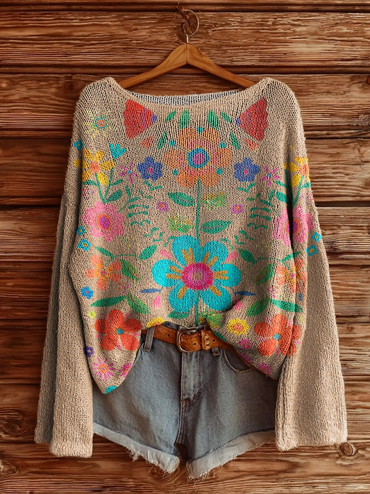 Women's Bohemian Floral Art Print Casual Pullover Sweater