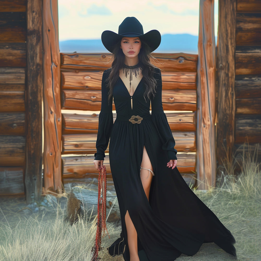 Western Cowboy Style Women's Vintage V Neck Slit Long Sleeve Dress