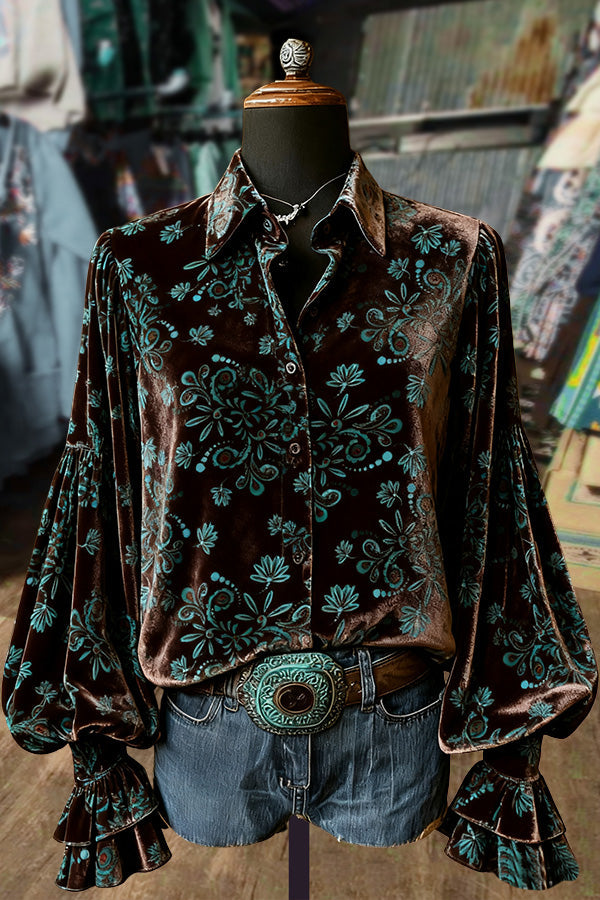 Retro Floral Print Lantern Sleeve Velvet Top
