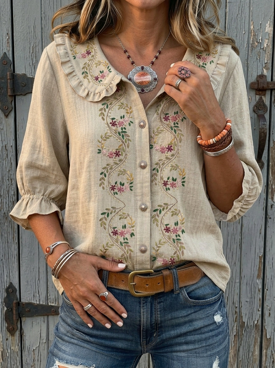 Vintage Floral Print  Peter Pan Collar Shirt