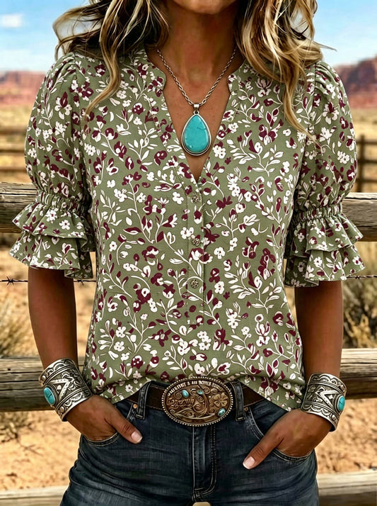 Women's Floral Print Puff Sleeve Casual Shirt
