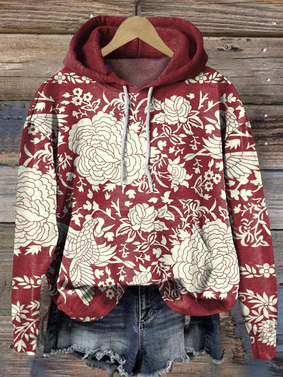 Vintage Flower Art Print Long Sleeve Casual Sweatshirt Hoodie