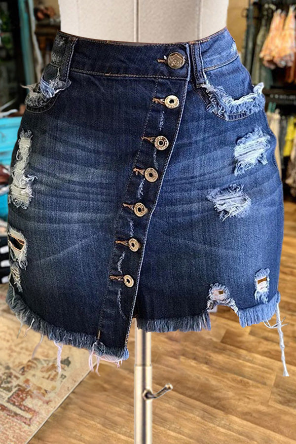 Sexy Ripped Button Hip-hugging Denim Skirt