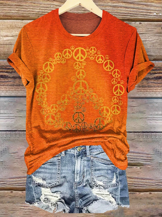 Women's Hippie Peace Love Print Crew Neck T-shirt