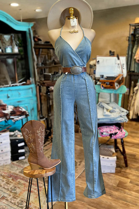 Vintage Denim Wrapped Backless Jumpsuit