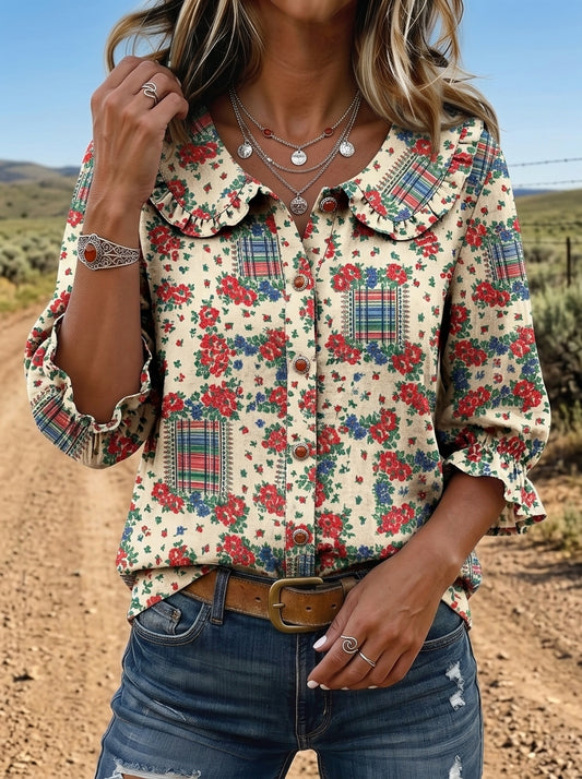 Vintage Rustic Floral Print Peter Pan Collar Shirt