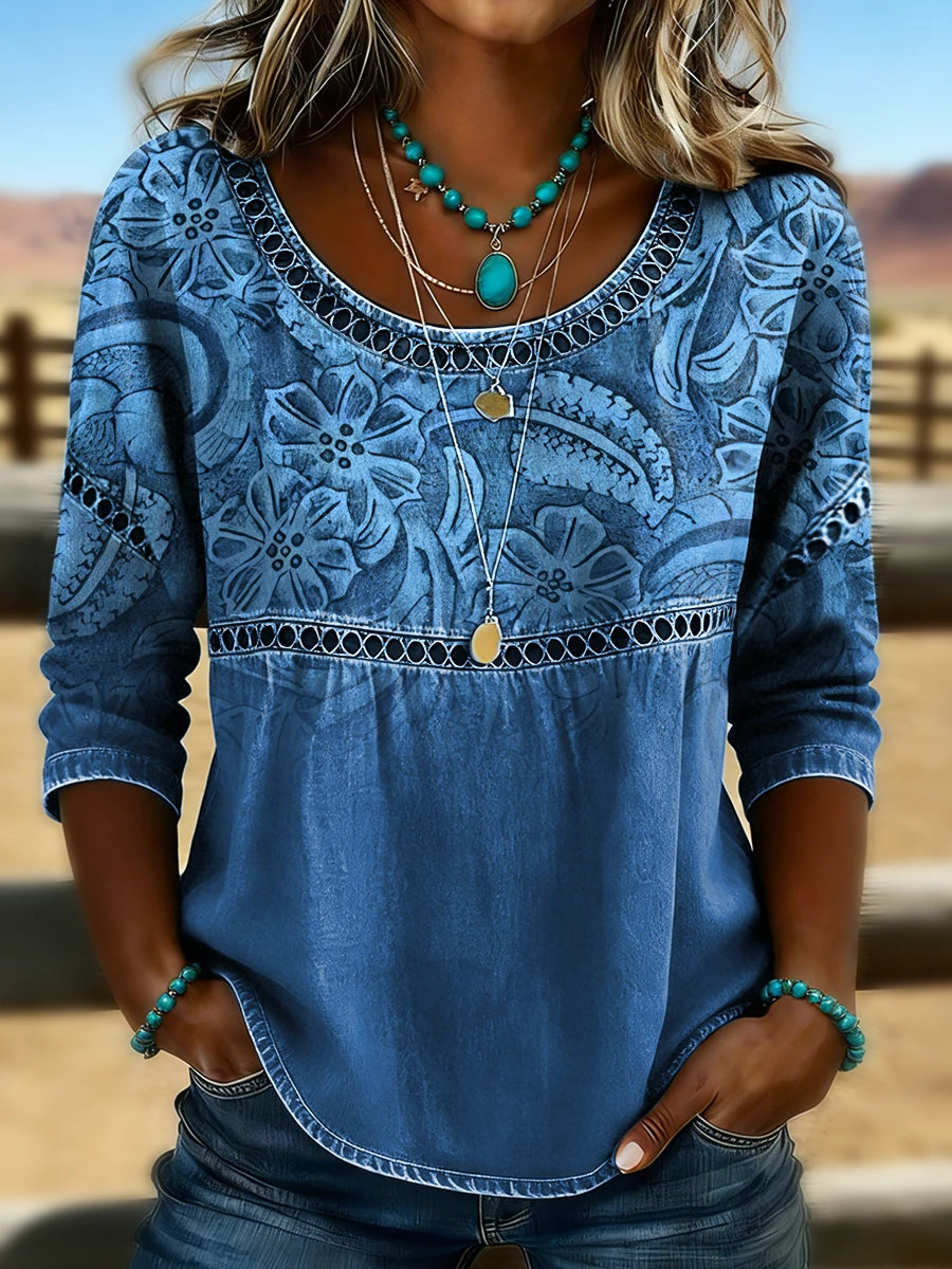 Retro Floral Print Casual Hollow Denim Shirt