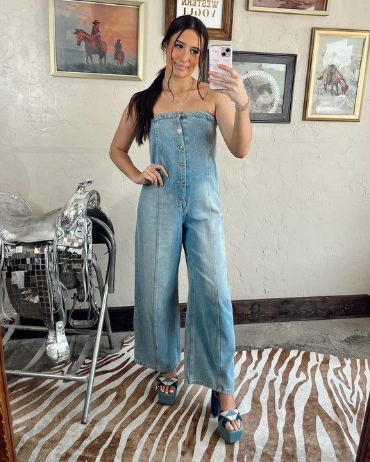 Fashion Loose Tube Top Denim Jumpsuit