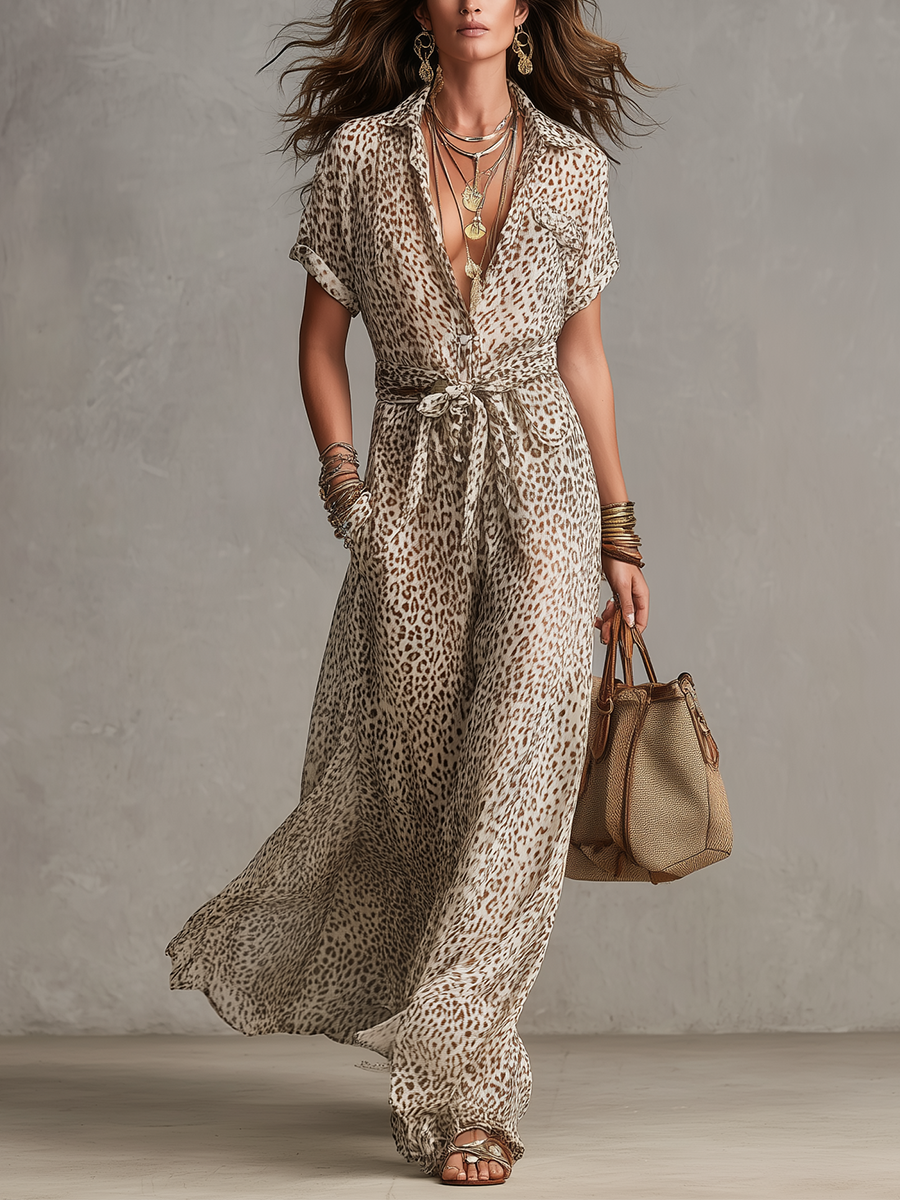 Retro Vacation Leopard Print Belted Dress